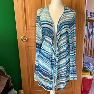 J. Jill Blue and White Knit Open Sweater